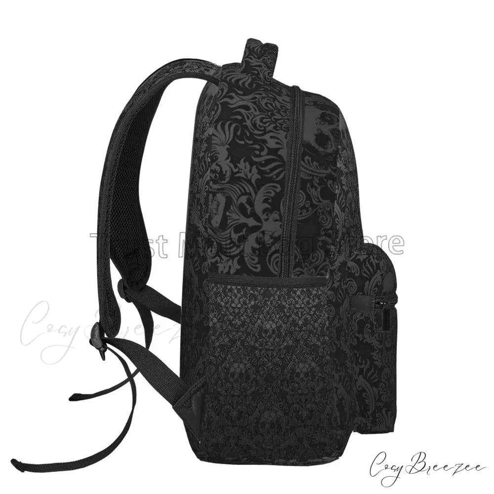 Goth Black Skull Damask Pattern Casual Unisex Travel Daypack Bag Black