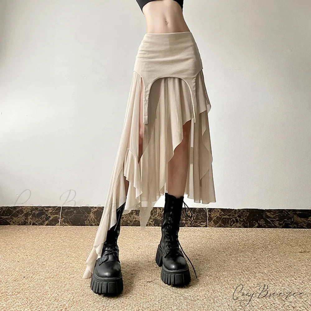 Goth Cyber Y2K Irregular Hem Mid Harajuku Fashion Streetwear Mesh Patchwork Club Alt Skirt