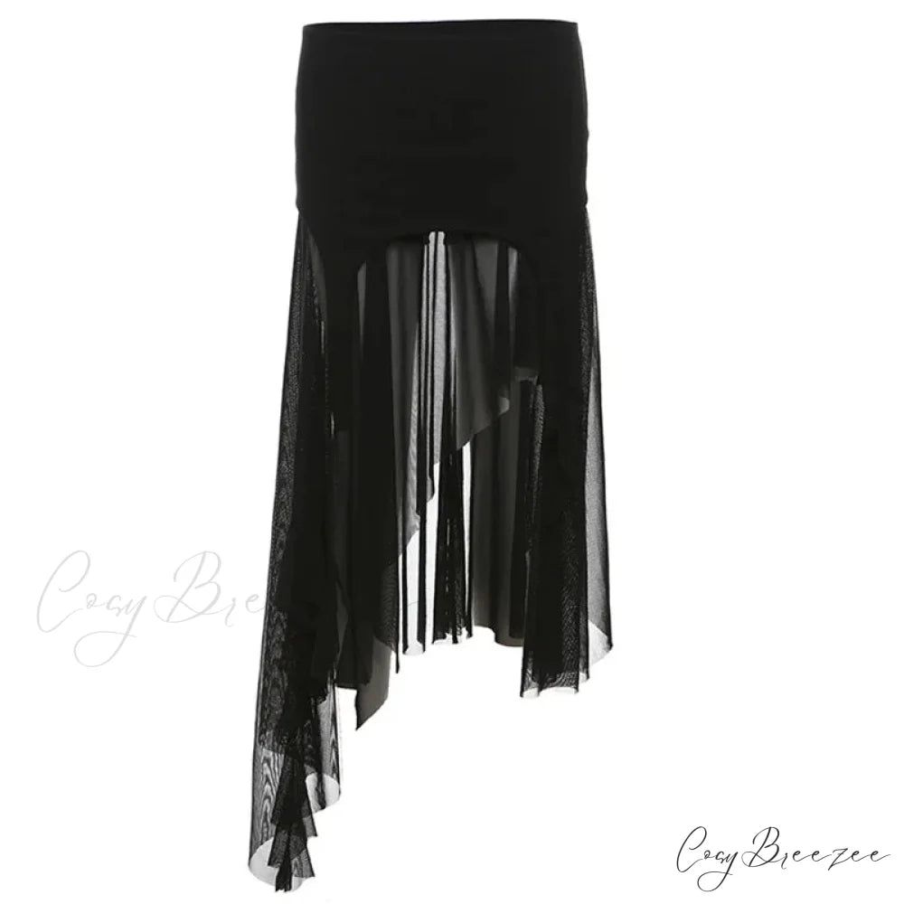 Goth Cyber Y2K Irregular Hem Mid Harajuku Fashion Streetwear Mesh Patchwork Club Alt Skirt Black / S