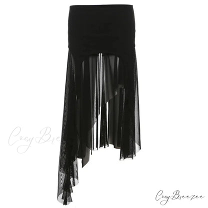 Goth Cyber Y2K Irregular Hem Mid Harajuku Fashion Streetwear Mesh Patchwork Club Alt Skirt Black / S