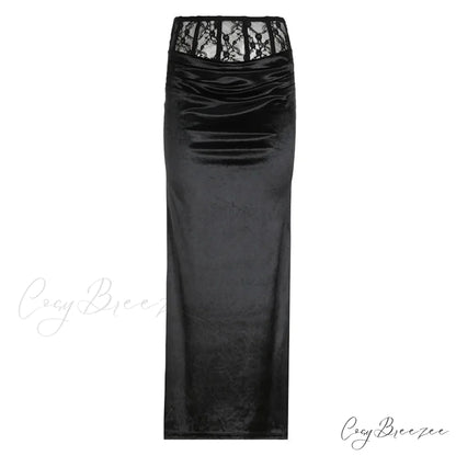 Goth Dark Elegant Mall Gothic Velvet Trumpet Y2k Partywear Lace Patchwork Sexy Long Skirt Black / S