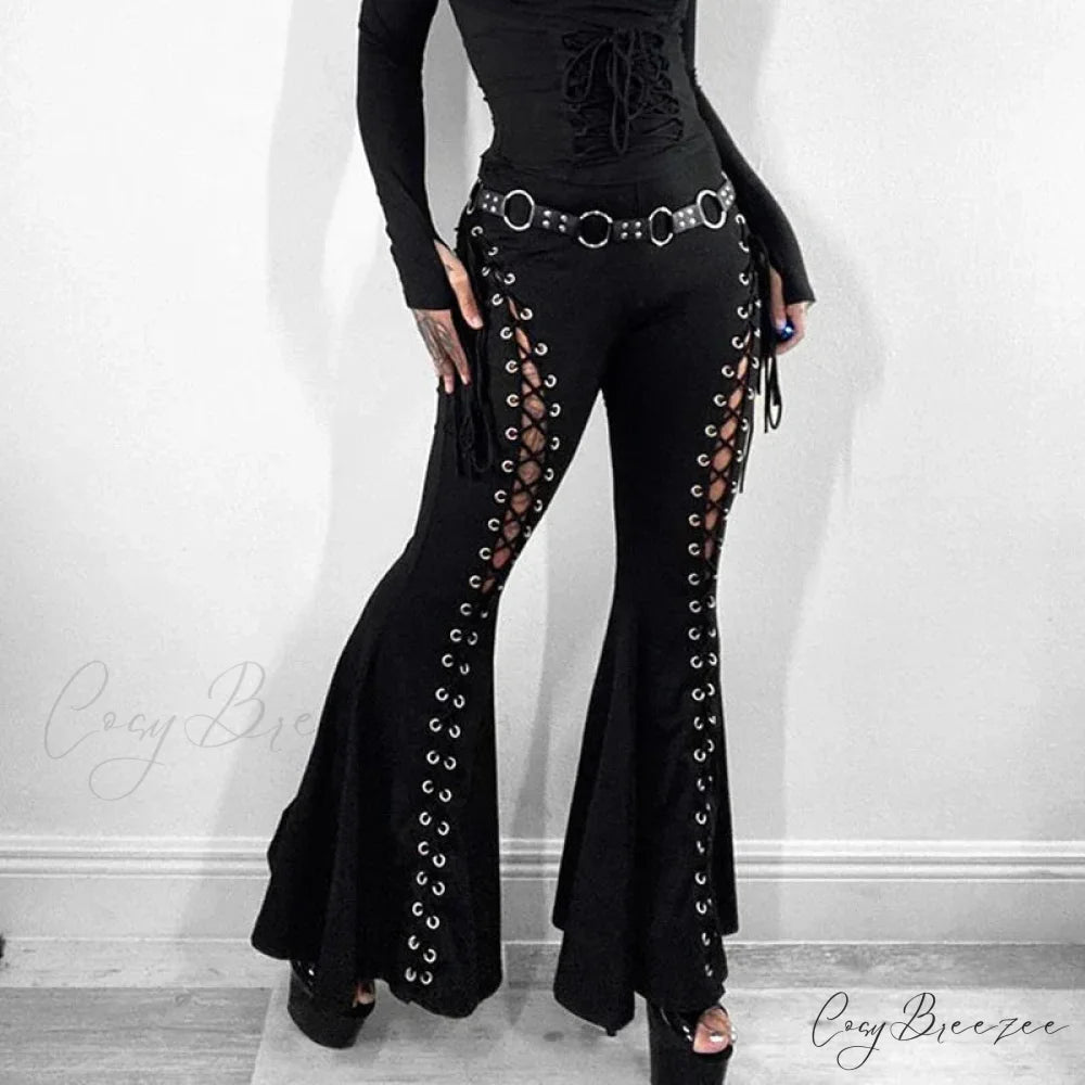 Goth Dark Grunge Streetwear Black Bandage Pants Hollow Flare Pants