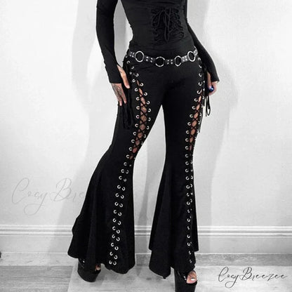 Goth Dark Grunge Streetwear Black Bandage Pants Hollow Flare Pants