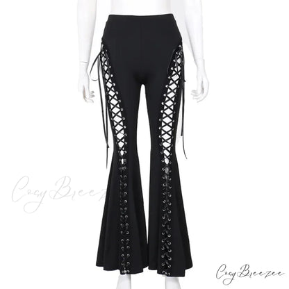 Goth Dark Grunge Streetwear Black Bandage Pants Hollow Flare Pants Black / S