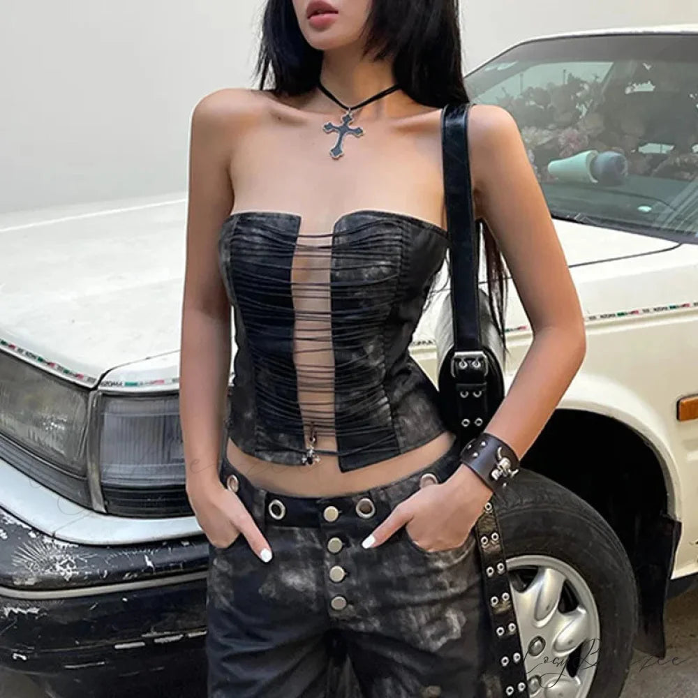 Goth Dark Punk Retro Grunge Strapless Tight Crop Top Black / S