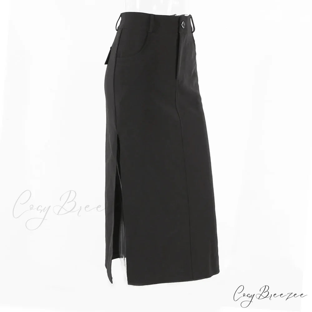 Goth Dark Streetwear Black Y2k Cargo Midi Grunge Gothic Split Sexy High Waist Skirt BLACK / S