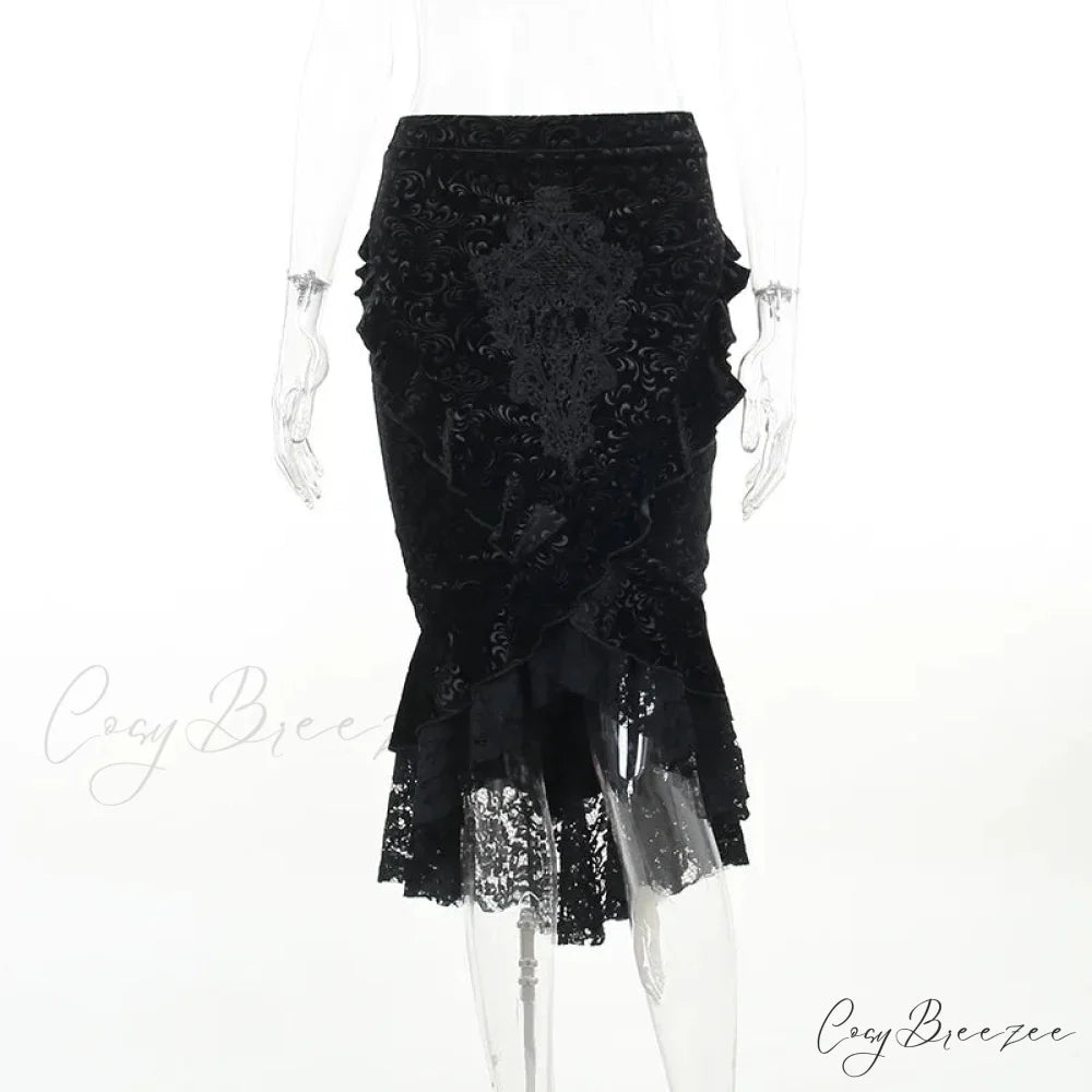 Goth Dark Vintage Mall Gothic Ruffles Mermaid Grunge Aesthetic Lace Hem Midi Women Elegant Skirt BLACK / S