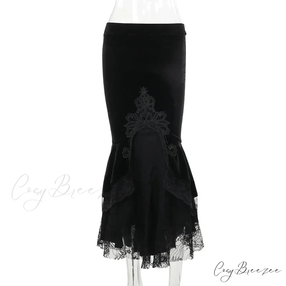 Goth Dark Vintage Mall Gothic Ruffles Mermaid Grunge Aesthetic Lace Hem Midi Women Elegant Skirt Black / S