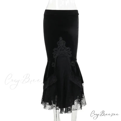 Goth Dark Vintage Mall Gothic Ruffles Mermaid Grunge Aesthetic Lace Hem Midi Women Elegant Skirt Black / S