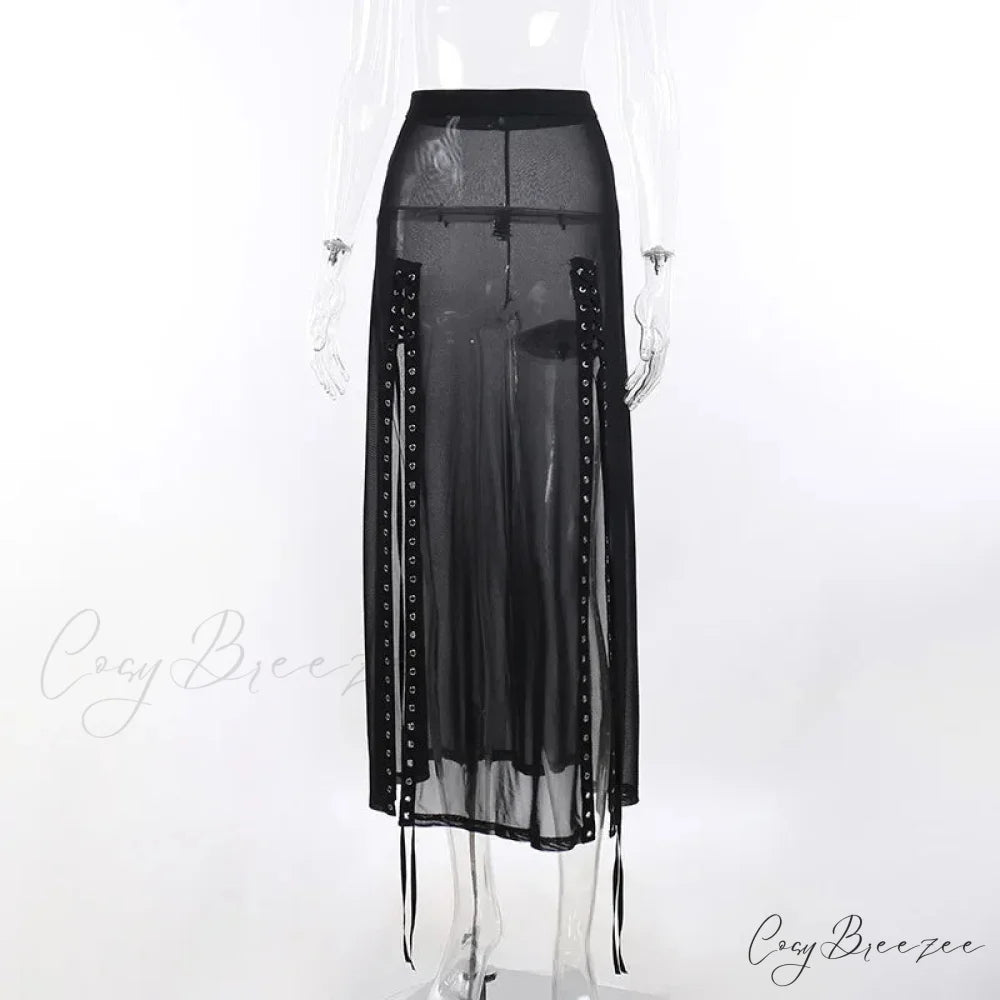 Goth Mesh Perspective Side Slit Lace Up Dark Aesthetical Summer Skirt BLACK / S