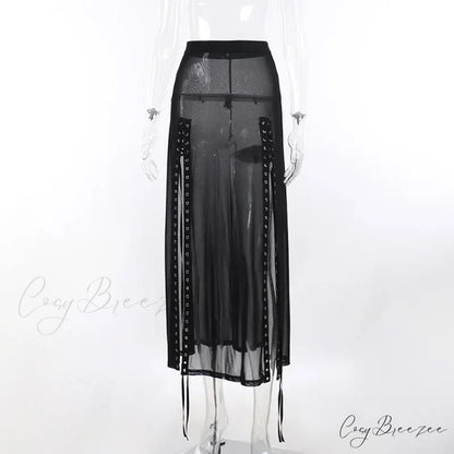 Goth Mesh Perspective Side Slit Lace Up Dark Aesthetical Summer Skirt BLACK / S