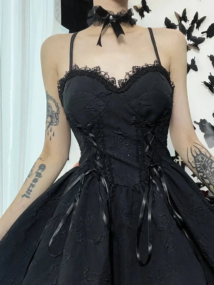 Goth Print Rose Lace Up A Line Fairy Grunge Backless V Neck Summer Party Dress