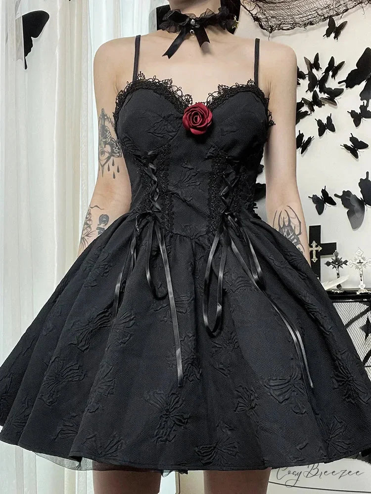 Goth Print Rose Lace Up A Line Fairy Grunge Backless V Neck Summer Party Dress Black / S