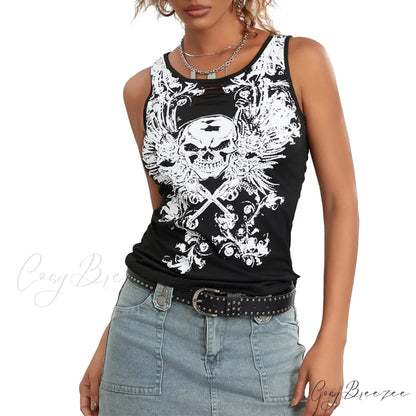 Goth Tank Fairy Grunge Skull Print Hollow-Out Sleeveless Summer Running Crop Top Black / S