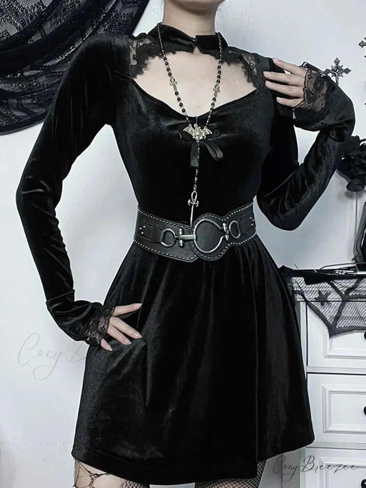 Goth Women’s Solid Long Sleeve High Waist A Line Flowy Velvet Hollow Out Lace Dress