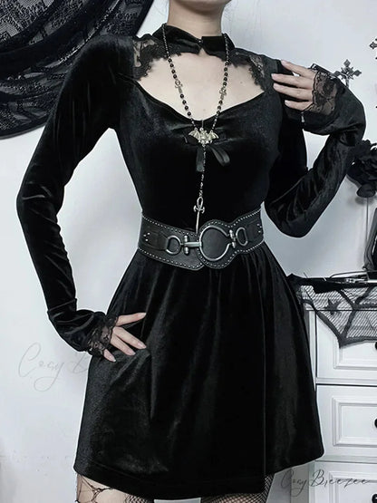 Goth Women’s Solid Long Sleeve High Waist A Line Flowy Velvet Hollow Out Lace Dress
