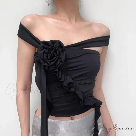 Gothic Backless Aesthetic Flower Ruffles Off Shoulder Crop Top Black / S