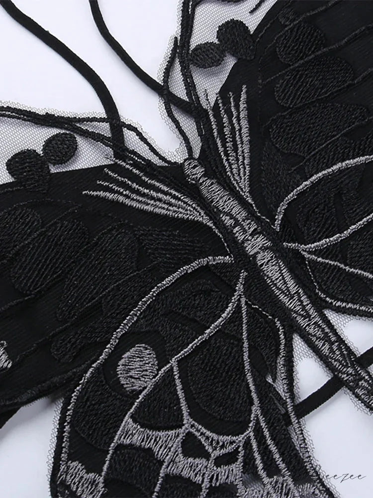 Gothic Backless Hollow Out Lace Butterfly Summer Streetwear Crop Top Black / One Size