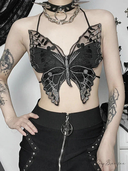 Gothic Backless Hollow Out Lace Butterfly Summer Streetwear Crop Top Black / One Size