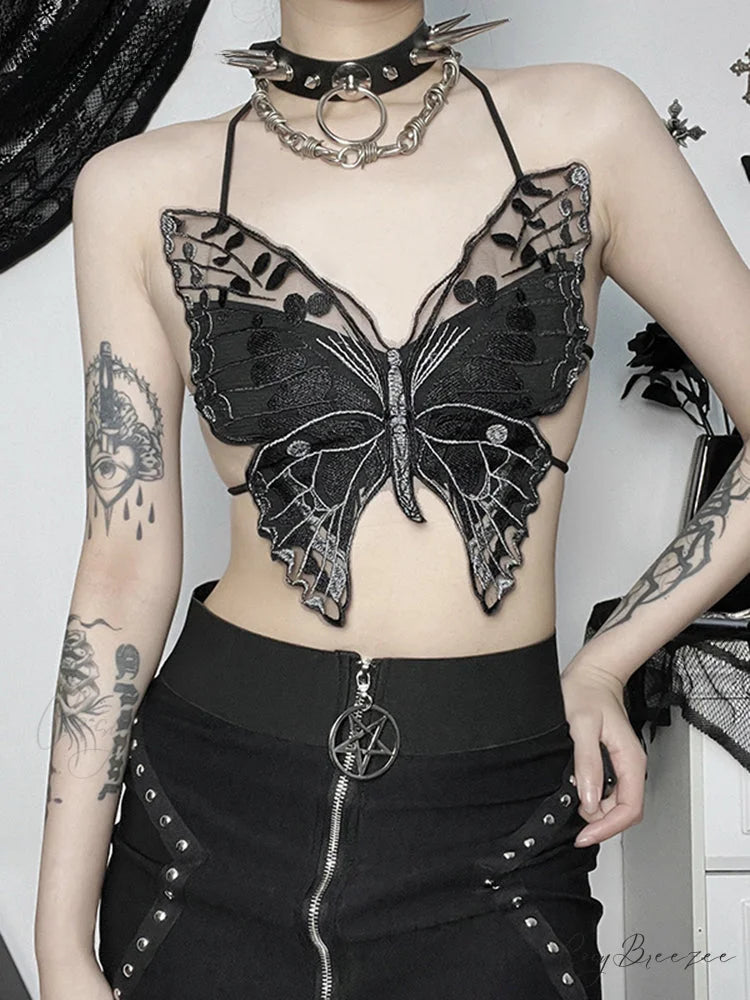 Gothic Backless Hollow Out Lace Butterfly Summer Streetwear Crop Top Black / One Size
