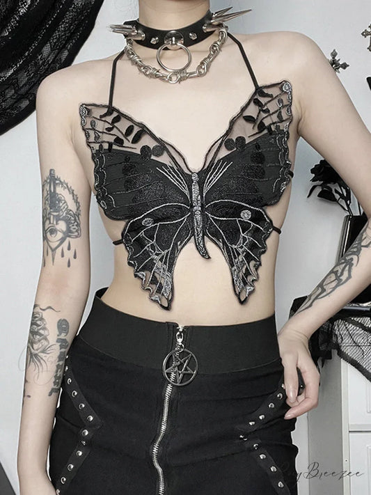 Gothic Backless Hollow Out Lace Butterfly Summer Streetwear Crop Top Black / One Size