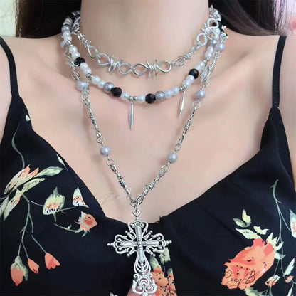 Gothic Beaded Thorn Heavy Punk Cross Pendant Vintage Layered Necklace SILVER