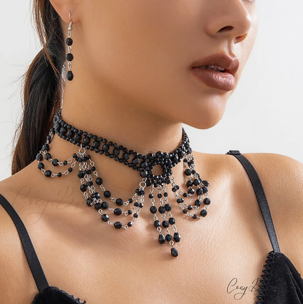Gothic Beaded Woven Crystal Choker Necklace WHITE