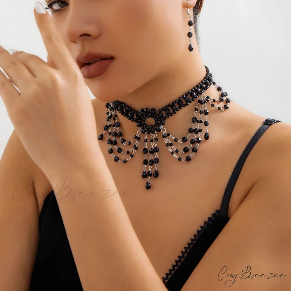 Gothic Beaded Woven Crystal Choker Necklace WHITE