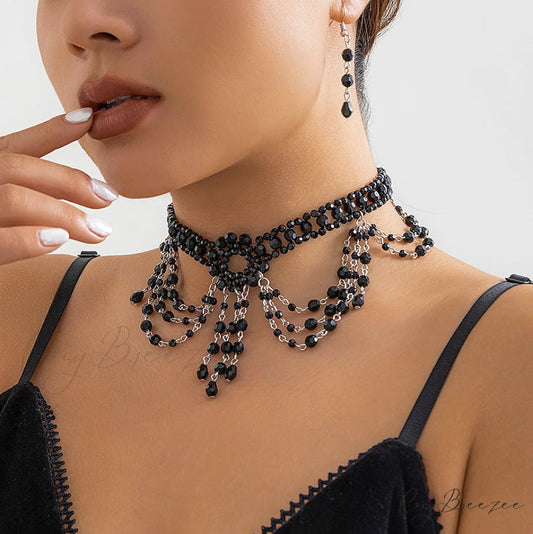 Gothic Beaded Woven Crystal Choker Necklace WHITE