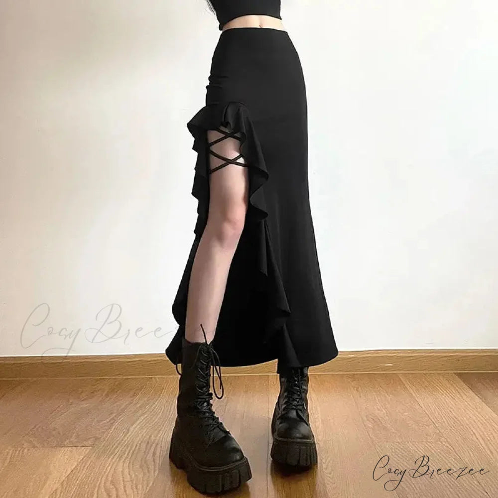Gothic Black Bodycon Waisted Punk Midi Slit Skirt