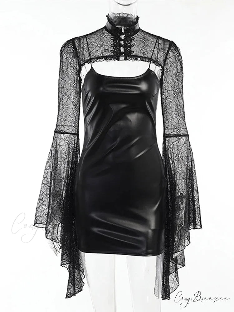 Gothic Black Faux Leather Flare Sleeve Crop Top Mini Dress