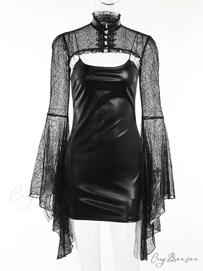 Gothic Black Faux Leather Flare Sleeve Crop Top Mini Dress