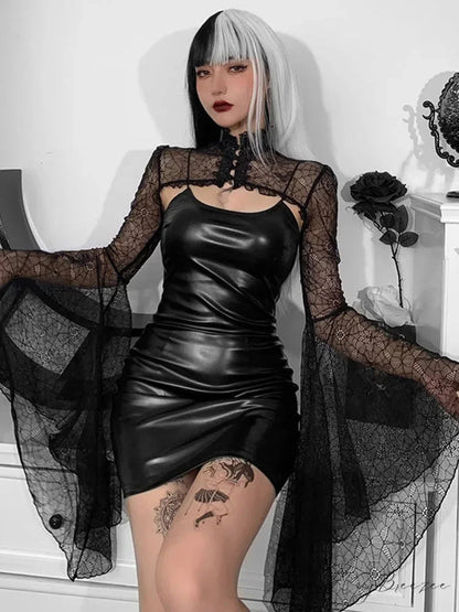 Gothic Black Faux Leather Flare Sleeve Crop Top Mini Dress Black / S