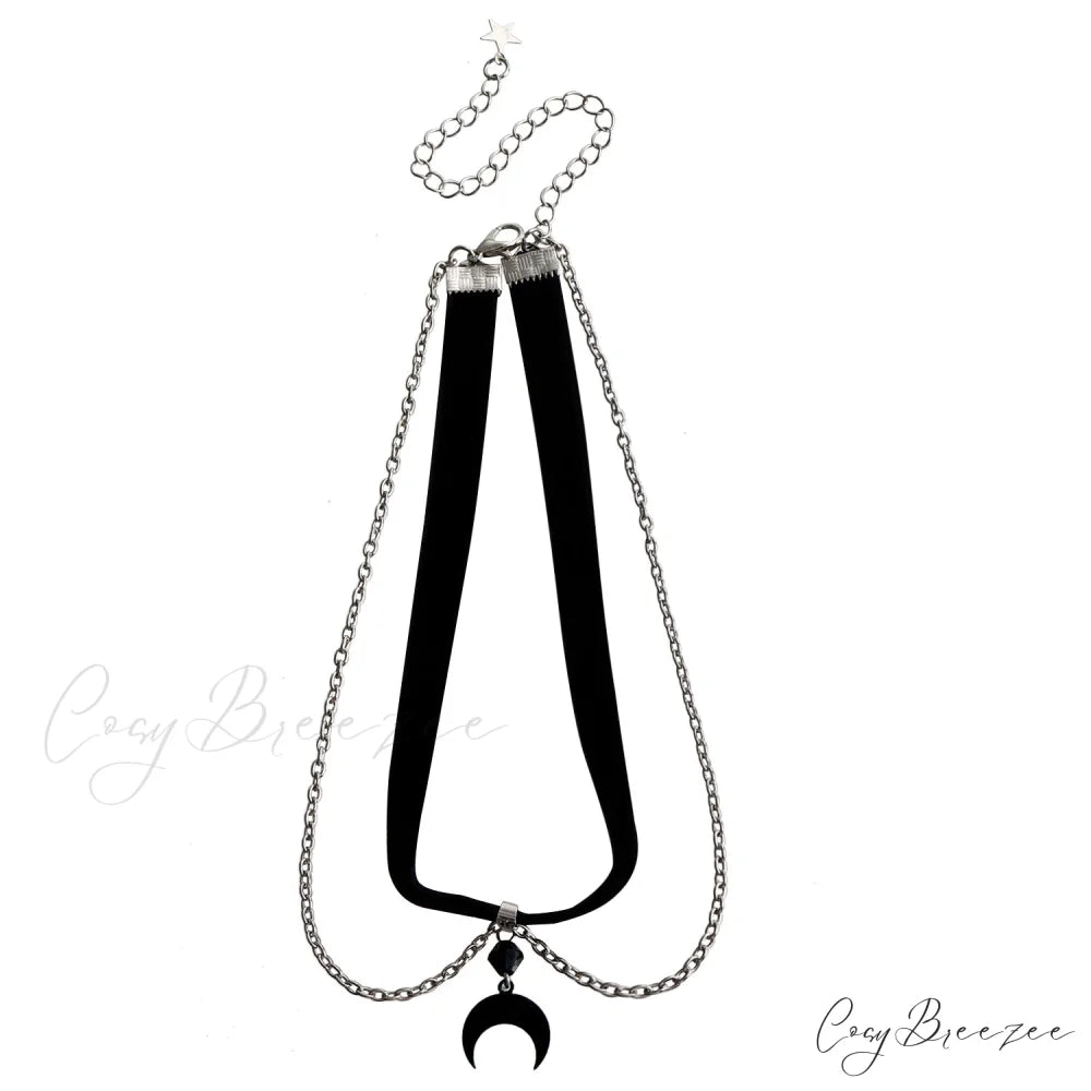 Gothic Black Velvet Crescent Pendant Necklace BLACK