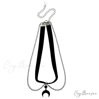 Gothic Black Velvet Crescent Pendant Necklace BLACK