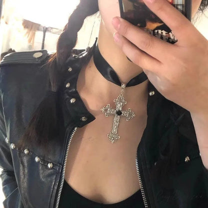 Gothic Blood Drop Tassel Exaggerated Punk Dark Cross Necklace BLACK
