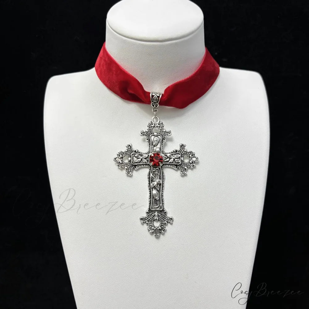 Gothic Blood Drop Tassel Exaggerated Punk Dark Cross Necklace RED