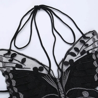 Gothic Butterfly-Shape Sexy Black Halter Strappy Backless Crop Top Black / One Size