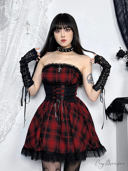 Gothic Contrast Straples Tube Top Bodycon Dress Red / S
