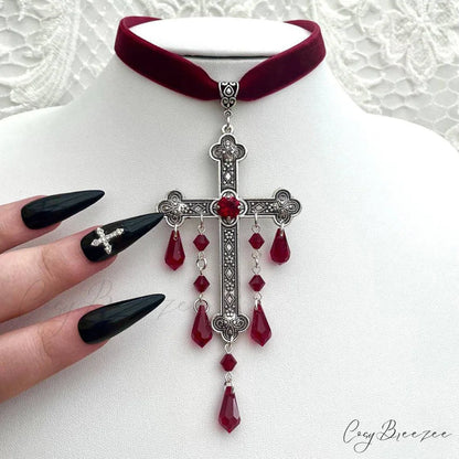 Gothic Cross Blood Drop Tassel Red Velvet Unique Necklace RED