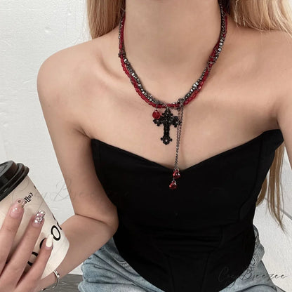 Gothic Dark Cross Tassel Necklace BLACK