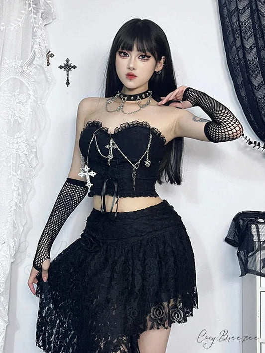 Gothic Dark Punk Harajuku Grunge Stylish Elegant Chic Trendy Lace-up Crop Top