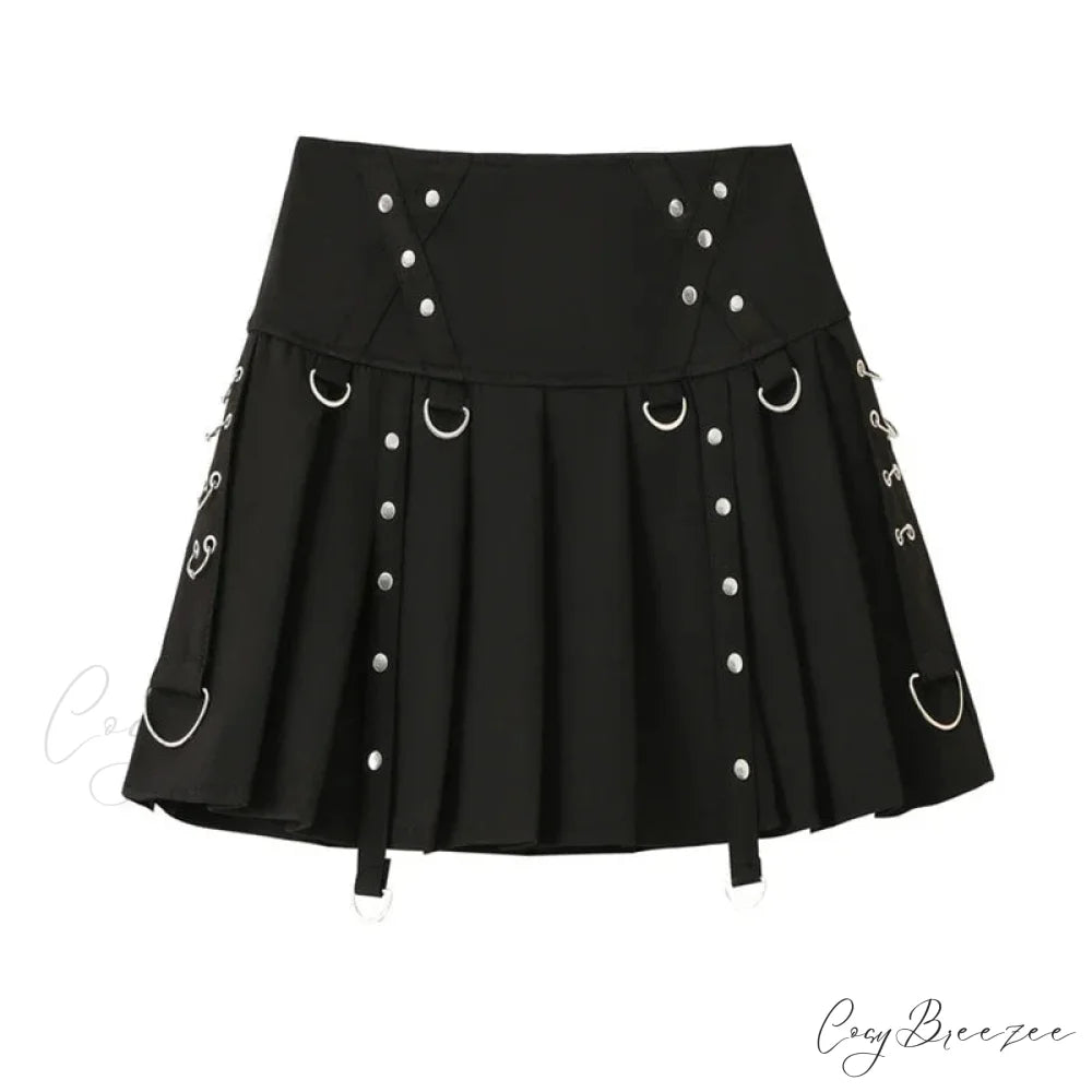 Gothic Diablo Harajuku Personality Spice Rivet Metal Buckle Streamer Low Waist A Version Short Pleated Skirt BLACK / S