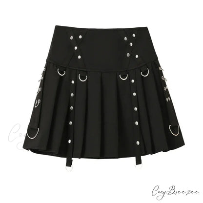 Gothic Diablo Harajuku Personality Spice Rivet Metal Buckle Streamer Low Waist A Version Short Pleated Skirt BLACK / S