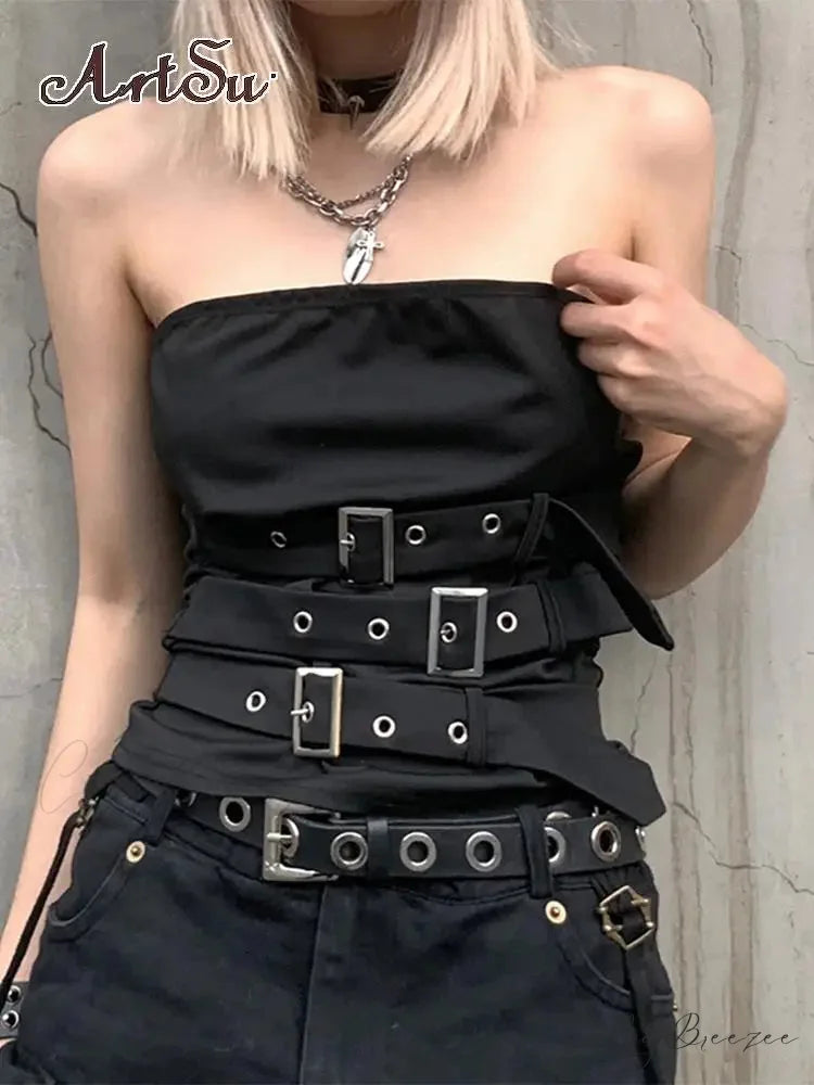 Gothic Eyelet Bandage Design Punk Black Sleeveless Crop Top Black / S