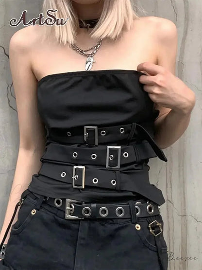 Gothic Eyelet Bandage Design Punk Black Sleeveless Crop Top Black / S