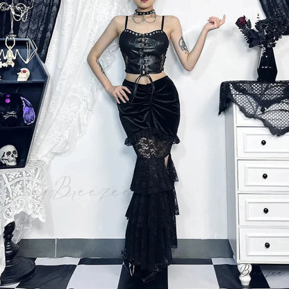 Gothic Folding Fishtail Multi-layer Splicing Split Woman Velvet High Waist Lace Patchwork Mermaid Skirt