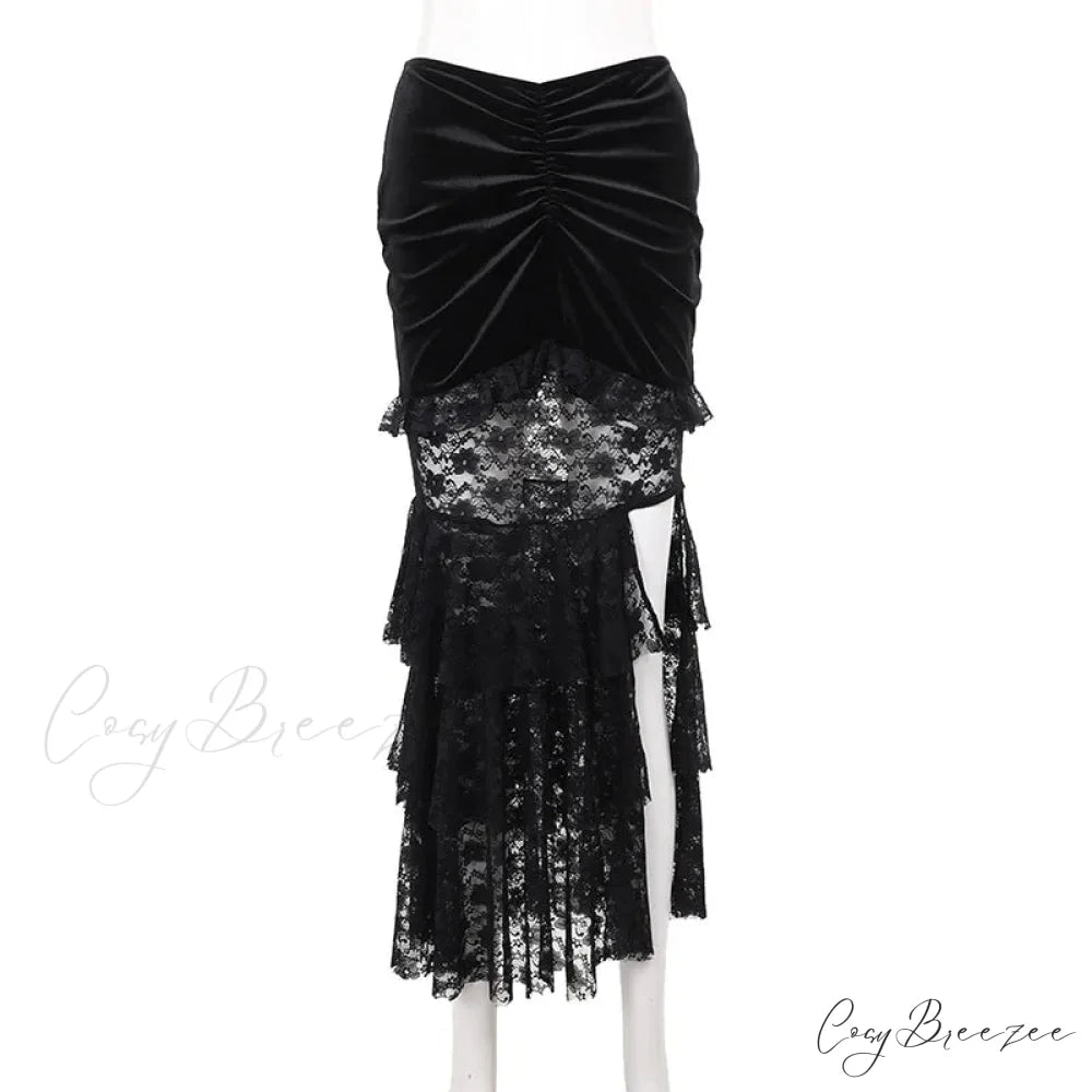 Gothic Folding Fishtail Multi-layer Splicing Split Woman Velvet High Waist Lace Patchwork Mermaid Skirt Black / S