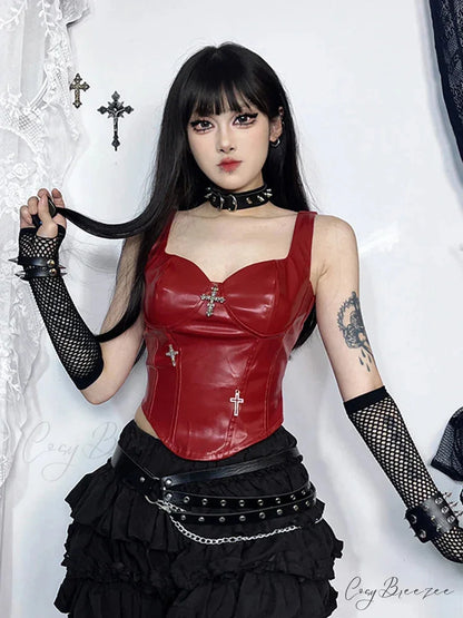 Gothic Grunge Punk Cross Leather Corset Crop Top Red / XS