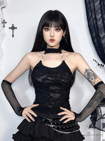 Gothic Halter Backless Cyberpunk Y2K Crop Top